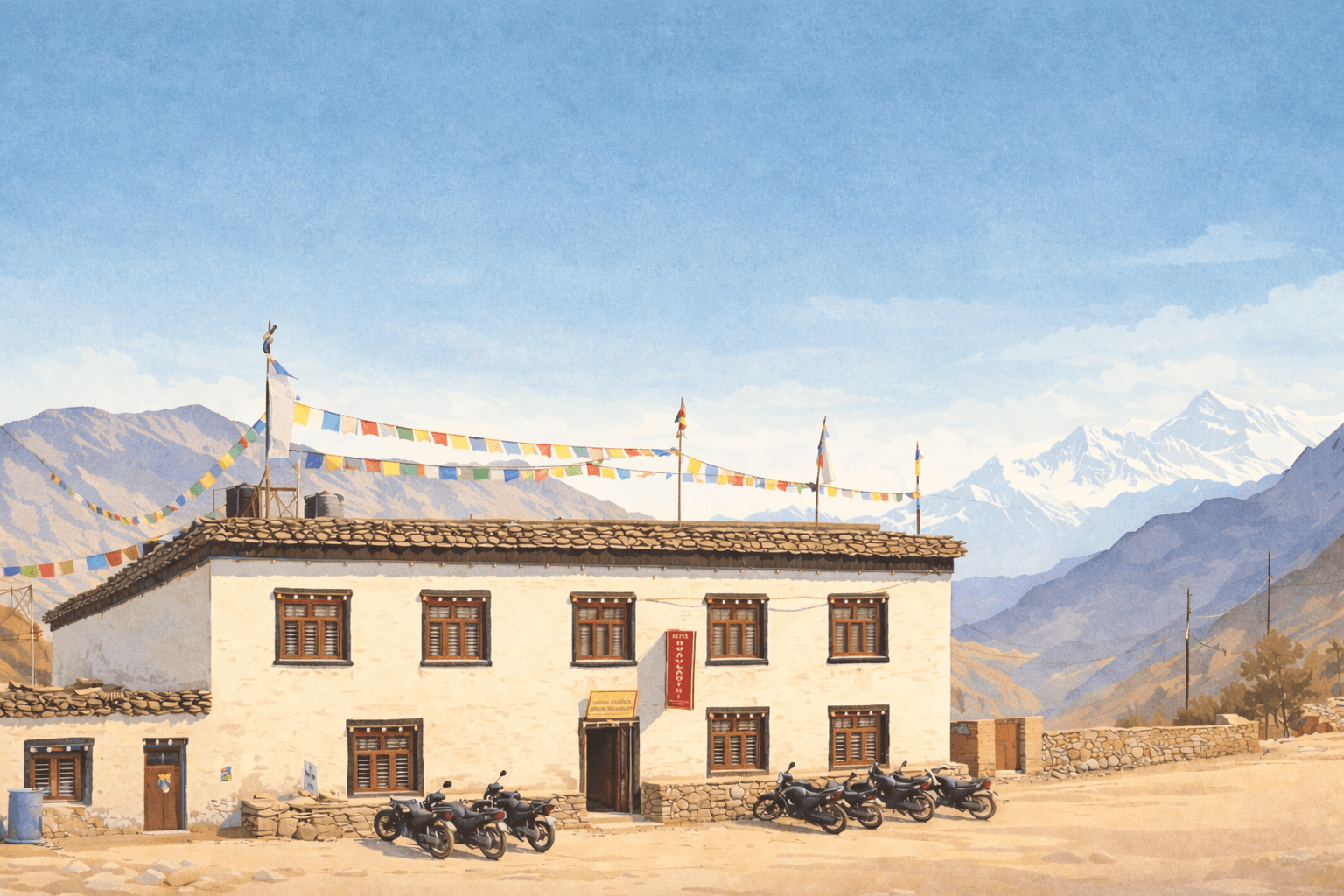 Hotel Dhaulagiri in Upper Mustang with Himalayan mountains and traditional prayer flags